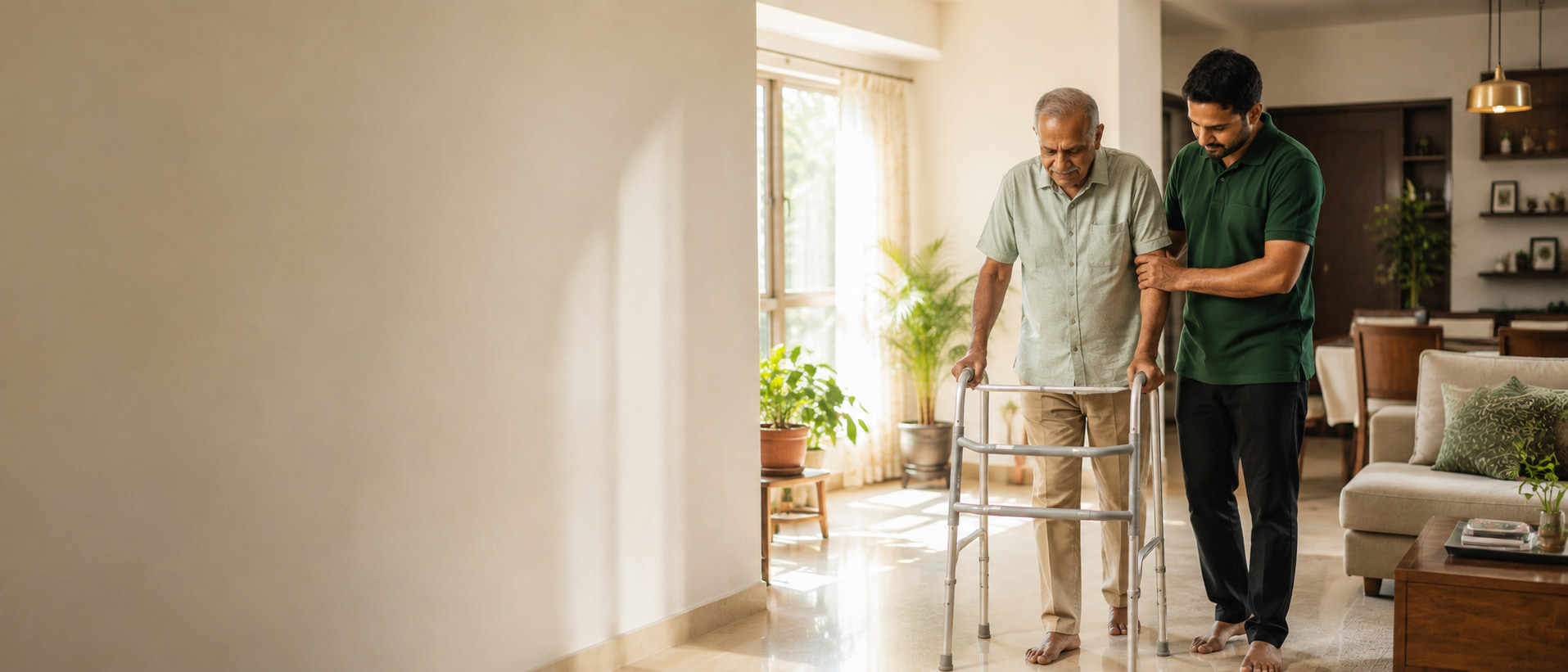 An OutdoorSeniors caregiver steadying an elderly man as he walks with a frame at home