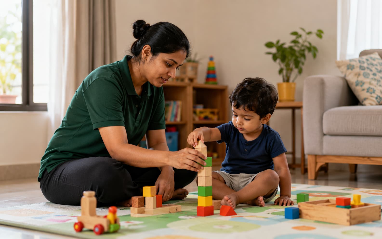 Nanny playing with wooden blocks with a toddler at home