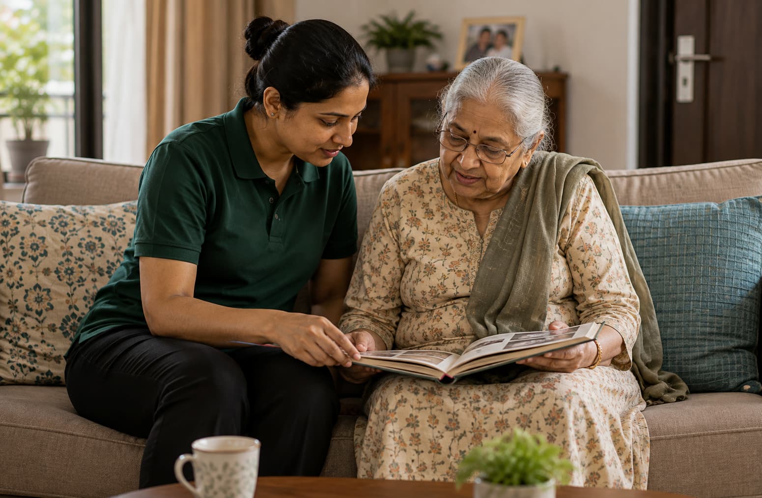 Caregiver looking through a photo album with an elderly woman