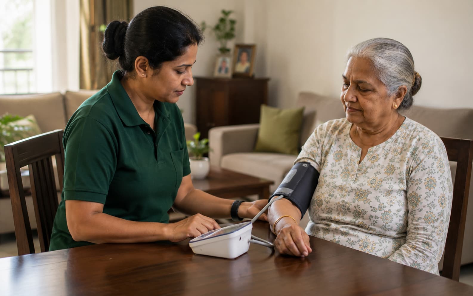 Nurse checking an elderly woman’s blood pressure at home