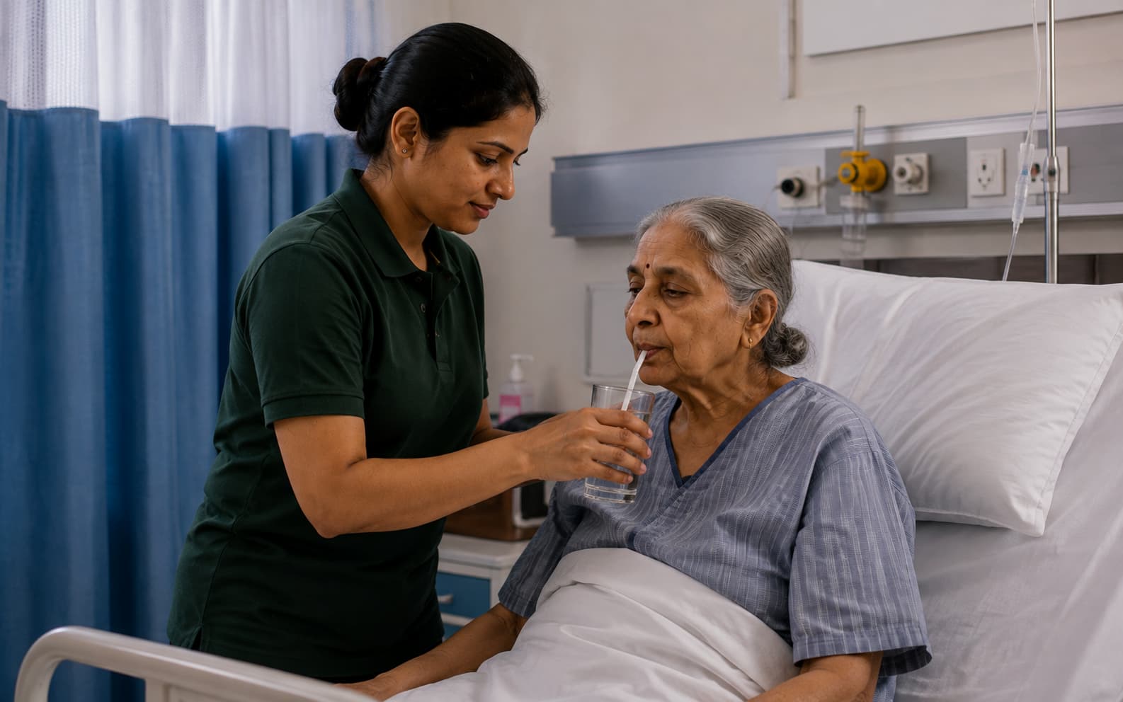 Hospital attendant helping an elderly patient drink water at the bedside
