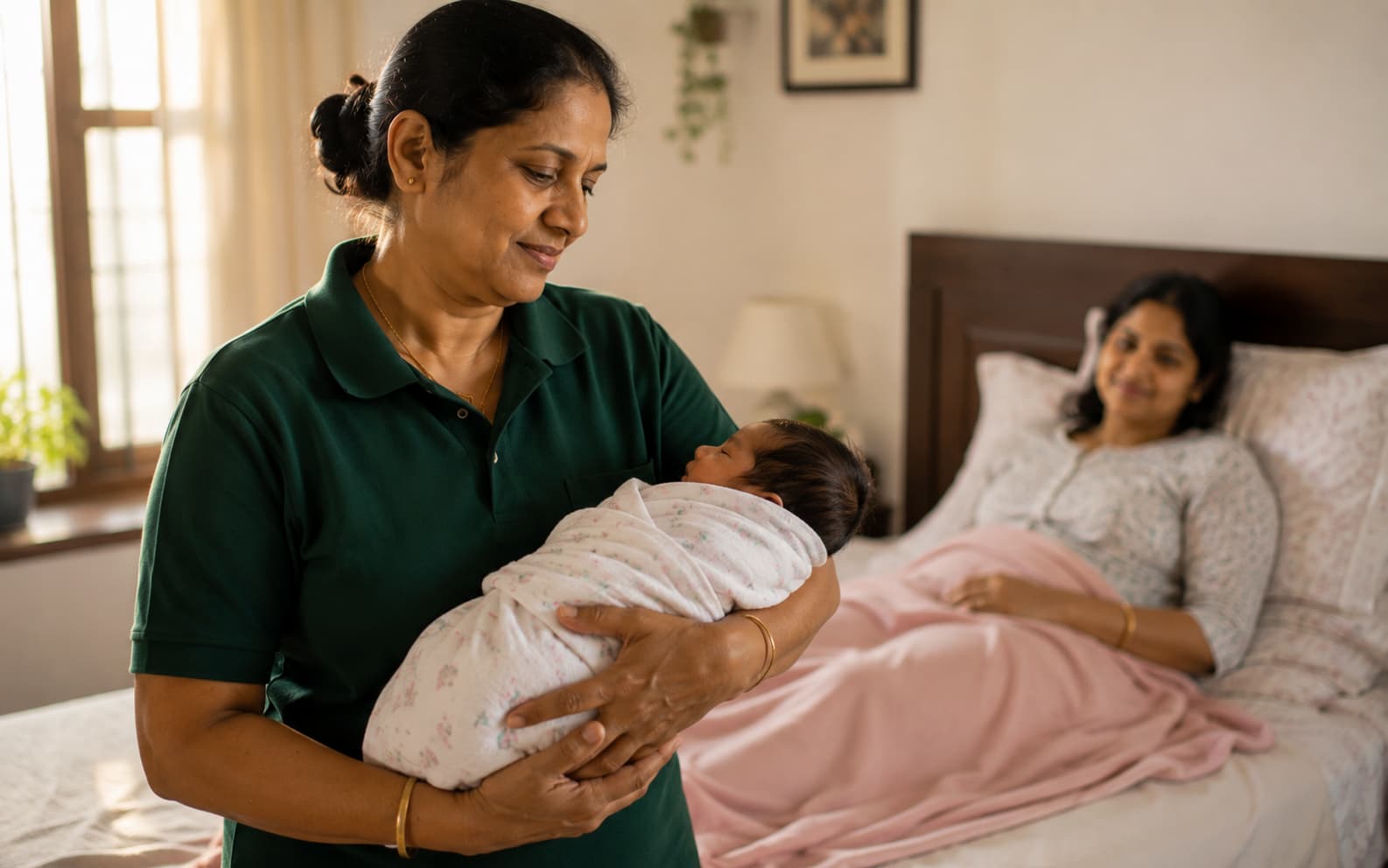 Japa carer holding a swaddled newborn while the mother rests