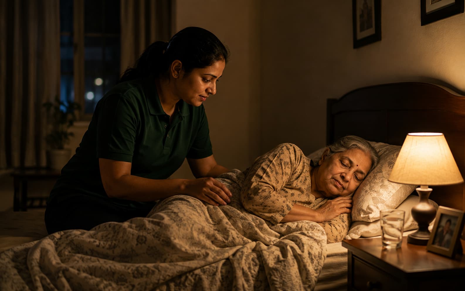 Night caregiver quietly checking on an elderly person asleep