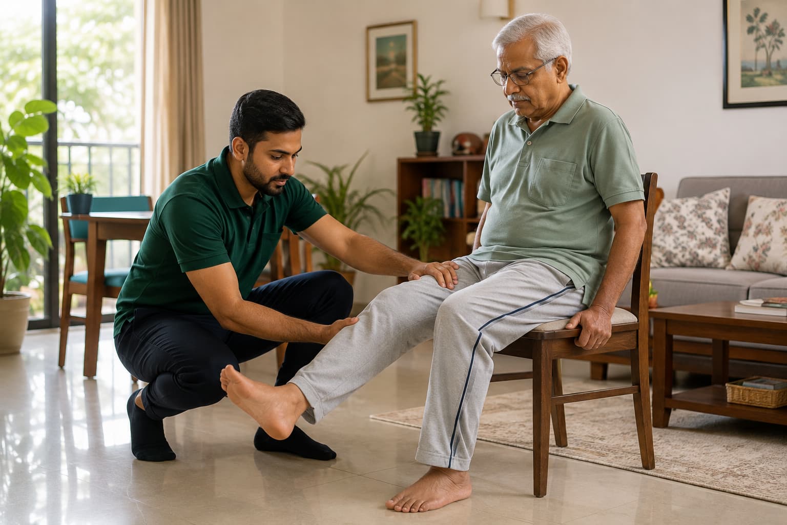 Physiotherapist guiding an elderly man through a seated leg exercise at home