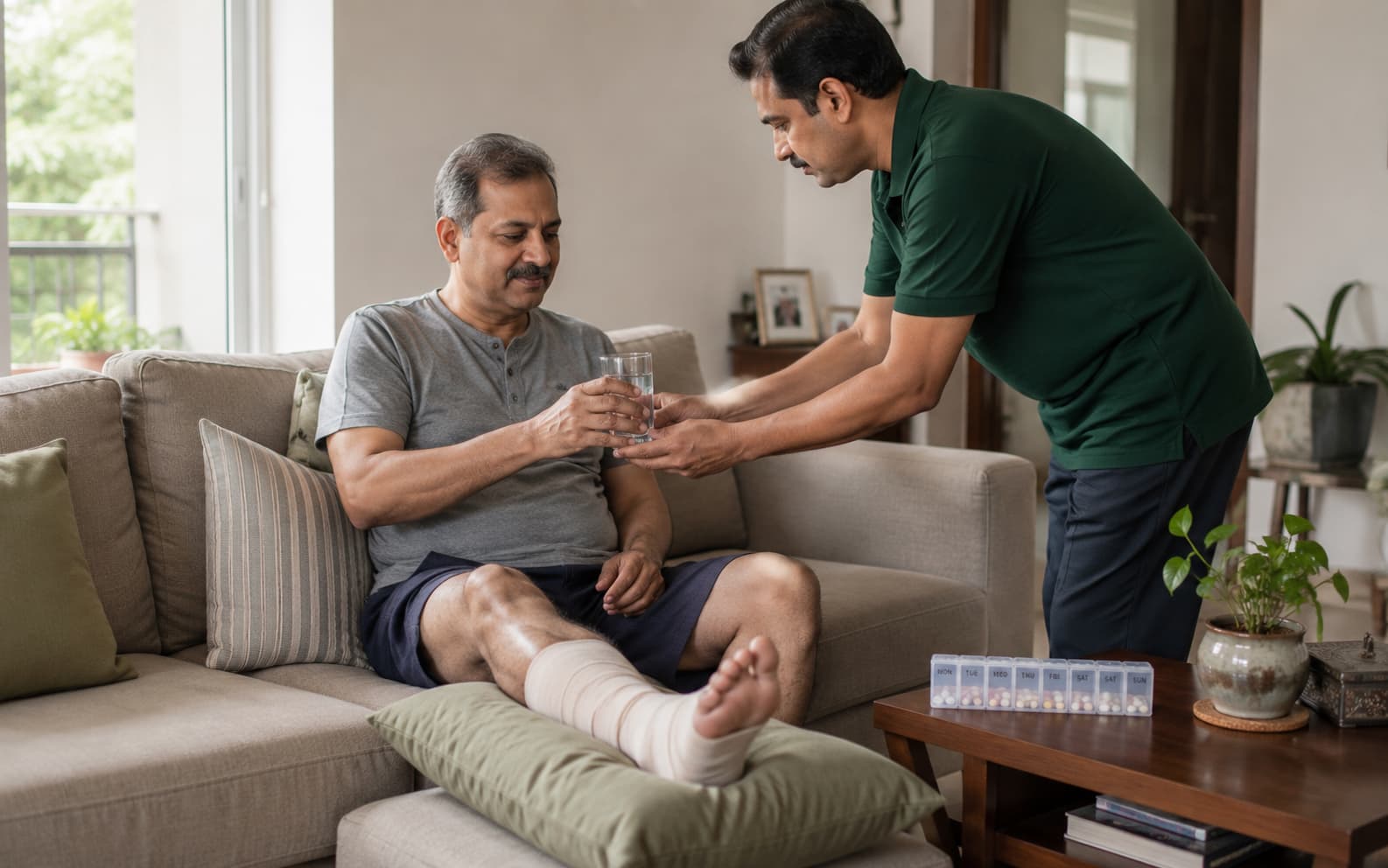 Caregiver bringing water to a man recovering at home after surgery